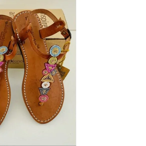 Anthropologie Laidback London hand crafted Artisan beaded T-strap sandals 38 - Picture 2 of 11